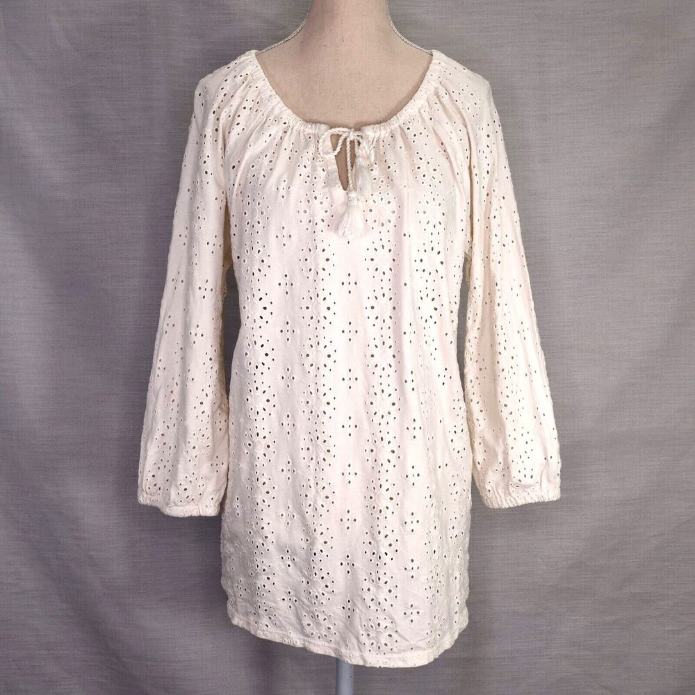 J Jill Top Petites SP Ivory Eyelet Cotton Knit Peasant Tassels Blouse Coastal